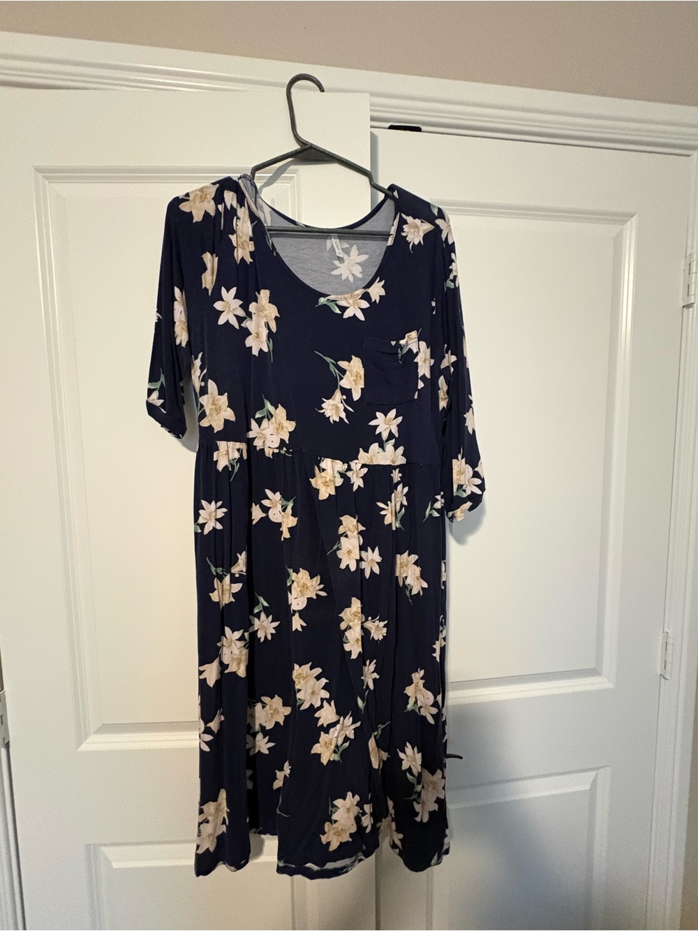 Navy Floral Midi Dress with Pocket